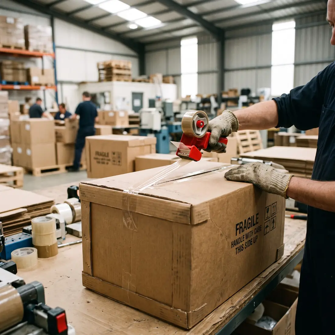 A worker sealing and strapping a corrugated export carton on a packing bench. Generic industrial imagery, not an Alyaan facility.